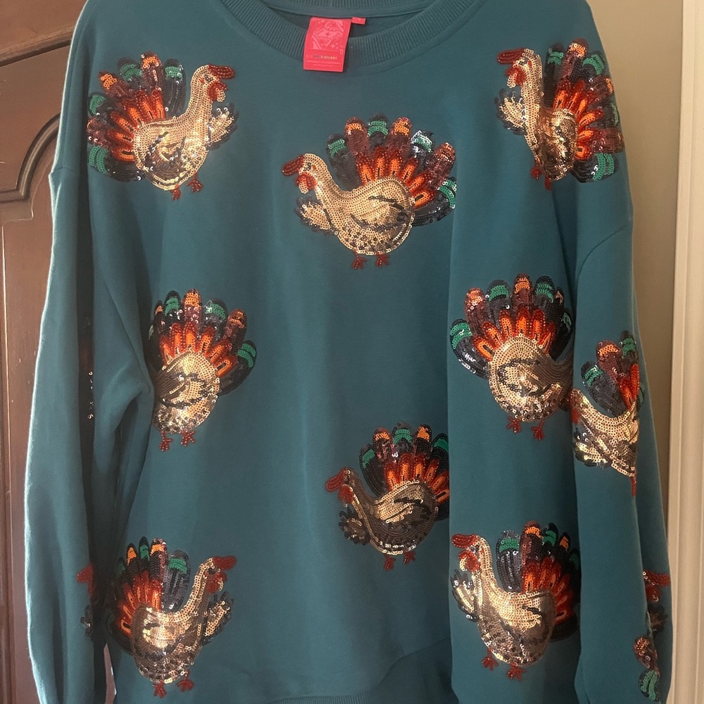 Queen of Sparkles Teal Sequin Turkey Sweatshirt
